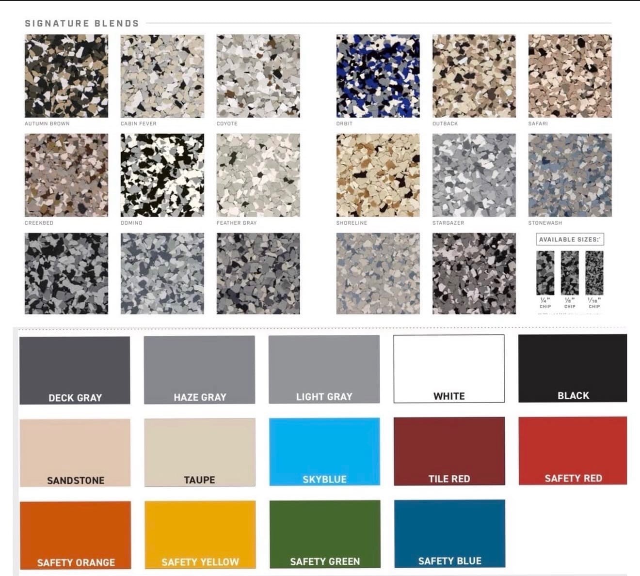 Epoxy flake blend and floor color chart
