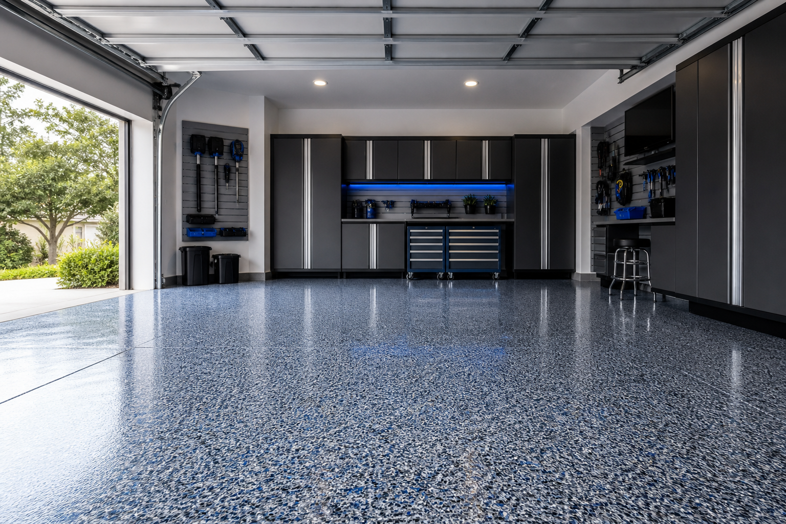 Modern garage floor coating and overhead storage