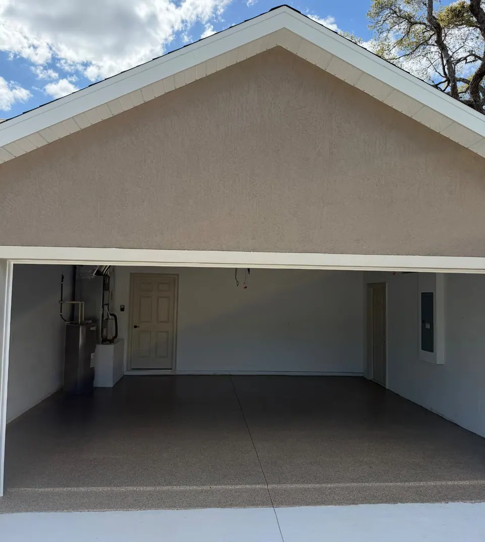 Tan Flake Garage Floor — Open Garage