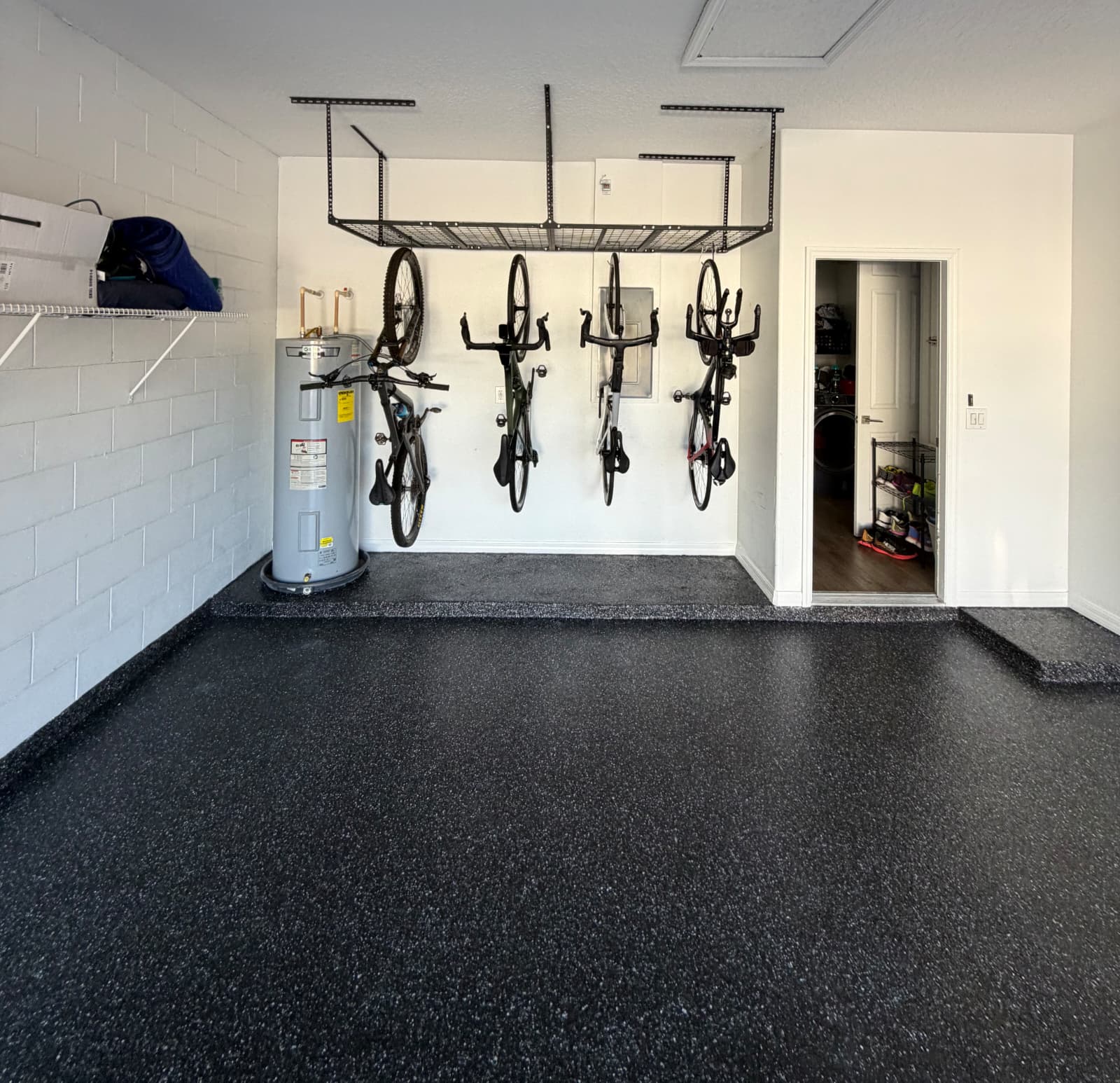 Carbon flake garage floor coating with bike storage racks