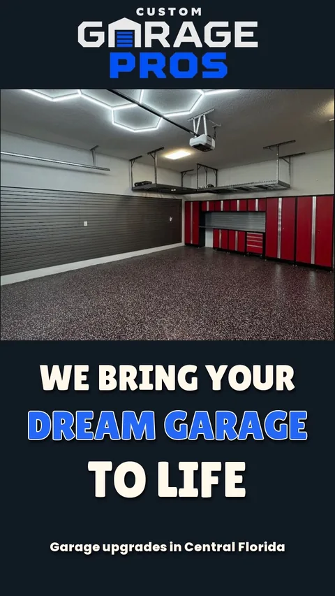 Custom Garage Pros finished garage with floor coating, hex lighting, and storage racks